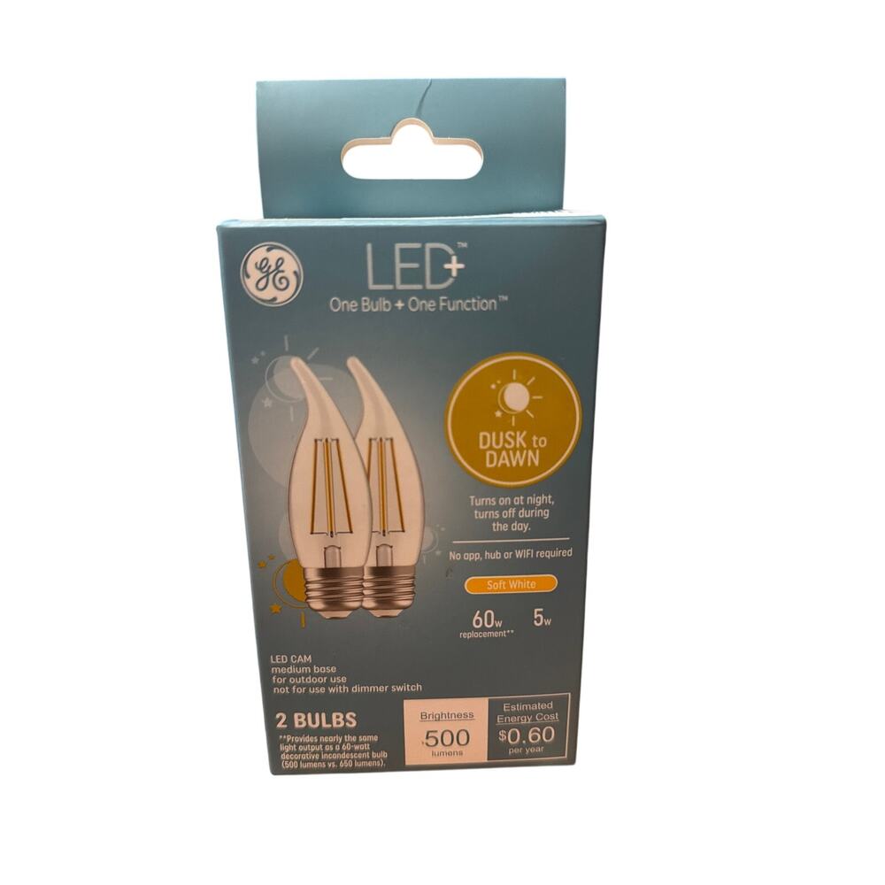 GE LED+ Dusk to Dawn LED Light Bulbs 60 Watt Soft White Candle Bulbs MD Base 2pk